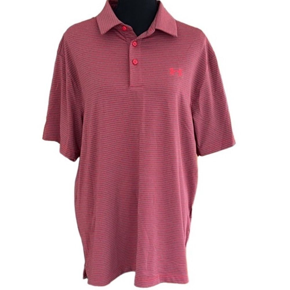 Under Armour red/gray striped polo shirt, Loose fit Heat gear size L.